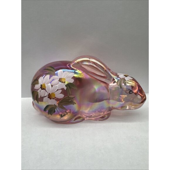 Mosser Glass Pink Iridescent Rabbit Bunny Handpaint Flower Floral Figurine Sign
